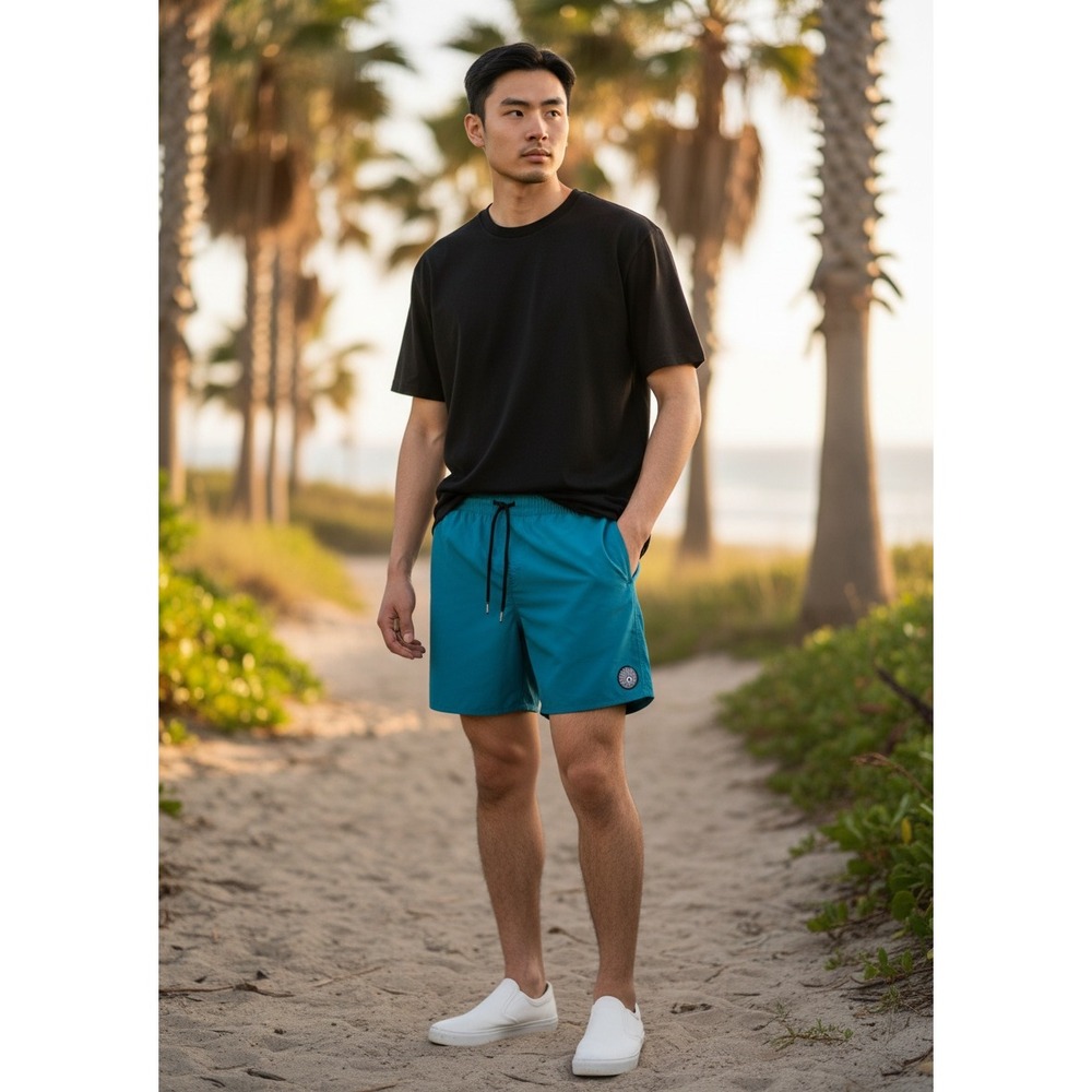 Volcom Board Shorts Medium Teal Blue Elastic Waist Drawstring Surf Trunks